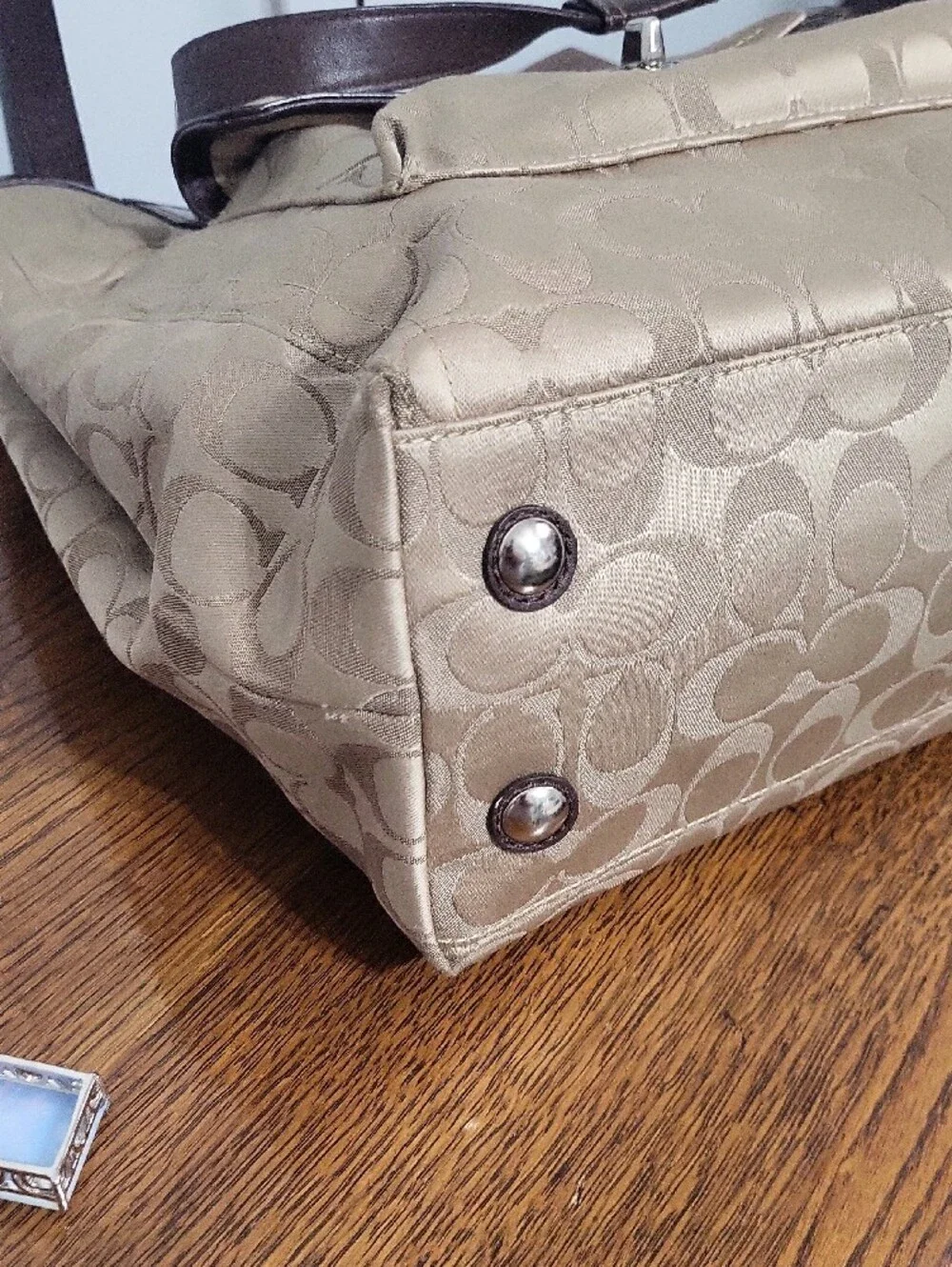 Coach Beige Signature Tote with Dark Brown Trim and Front Pocket